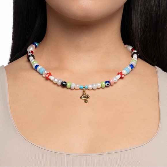 New MAYAMAR Colorful Beaded Necklace with Gold Mushroom Pendant - Picture 2 of 4